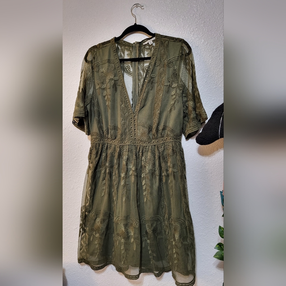 Haute Monde, Olive Midi Dress With Sheer Floral Lace Embroidery